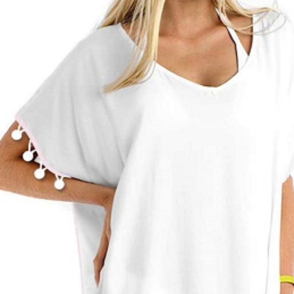 NWT White Swimsuit Beach Coverup with PomPom Trim - Picture 2 of 4